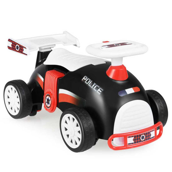 Kids Ride-On Car for Toddlers in black police design with white steering wheel and red accents, ideal for ages 19-36 months.