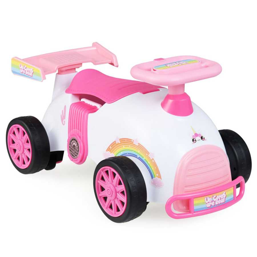 Kids Ride-On Car Toy with unicorn theme, pink wheels, and rainbow decals, designed for toddlers' safe and fun riding experience indoors or outdoors.