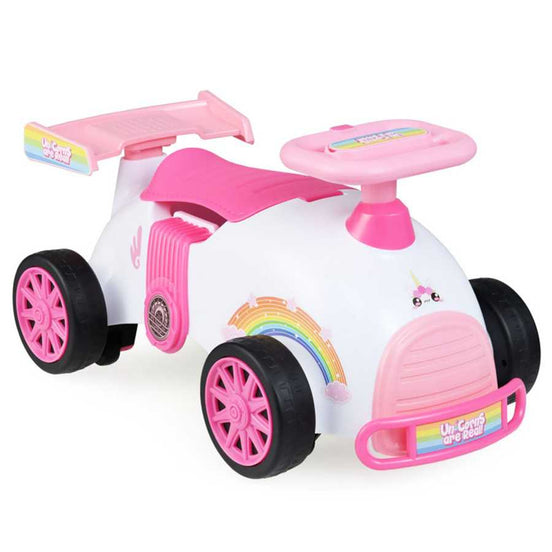 Kids Ride-On Car Toy with unicorn theme, pink wheels, and rainbow decals, designed for toddlers' safe and fun riding experience indoors or outdoors.