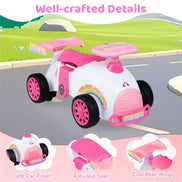 Detailed view of Kids Ride-On Car Toy showing anti-slip seat, cute front design, and cool rear wings for added safety and style.