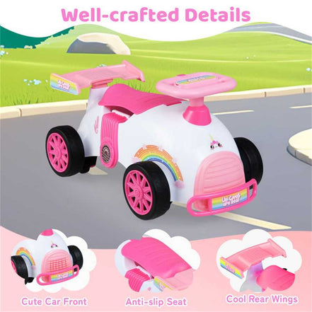 Detailed view of Kids Ride-On Car Toy showing anti-slip seat, cute front design, and cool rear wings for added safety and style.
