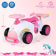 Dimensions and specifications of Kids Ride-On Car Toy with unicorn theme, suitable for toddlers aged 19–36 months and up to 15kg weight.