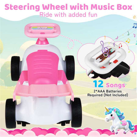 Kids Ride-On Car Toy features a music box in the steering wheel with 12 songs, enhancing fun with sound; requires 2 AAA batteries.