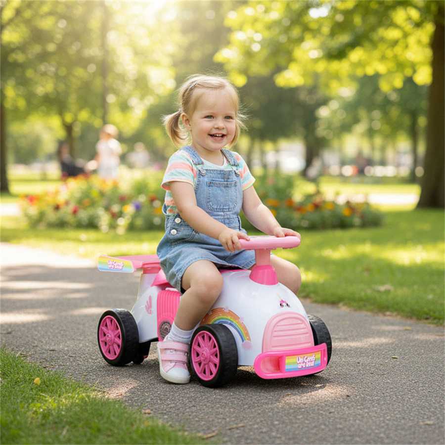 Toddler riding Kids Ride-On Car Toy outdoors in a park, showcasing its safe and fun design for active play and coordination development.