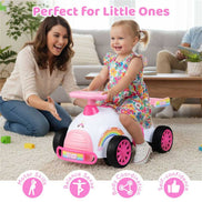 Kids Ride-On Car Toy shown with toddler and parent, highlighting benefits like motor skills, balance, and self-confidence development.