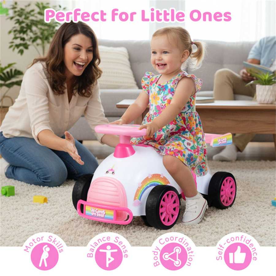 Kids Ride-On Car Toy shown with toddler and parent, highlighting benefits like motor skills, balance, and self-confidence development.