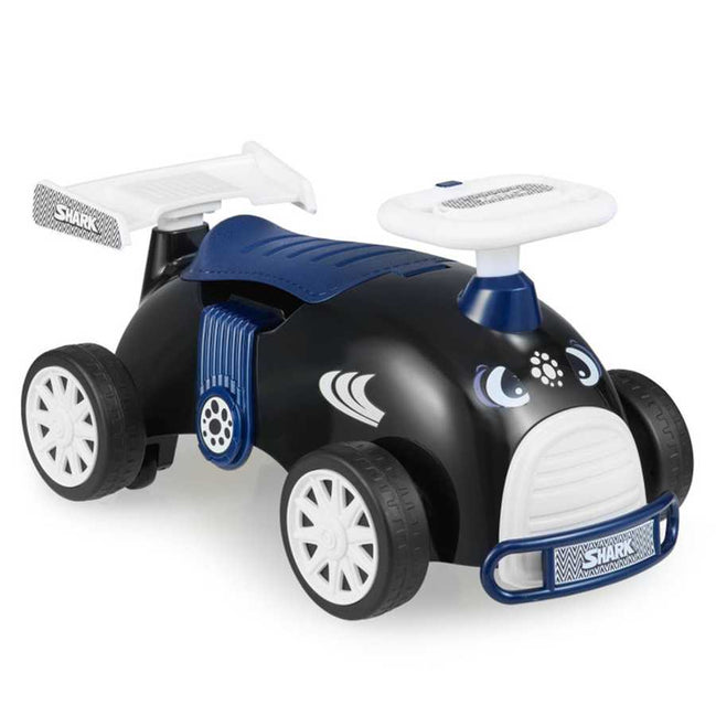 Kids Ride-On Car with Music - Shark-themed black and white push vehicle featuring a steering wheel and fun cartoon design for toddlers.