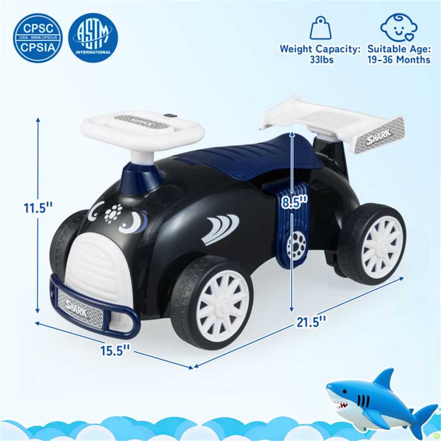 Kids Ride-On Car with Music - Dimensions and specs displayed, suitable for 19-36 months with 33 lbs capacity and ASTM certification.