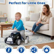 Kids Ride-On Car with Music - Toddler riding shark-themed toy indoors, promoting motor skills, balance, and self-confidence development.