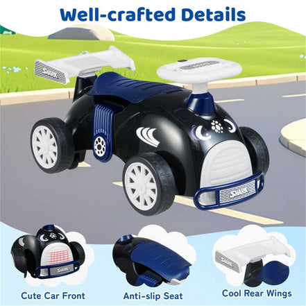 Kids Ride-On Car with Music - Features include anti-slip seat, cool rear wings, and cute shark face for a fun and safe riding experience.