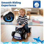 Kids Ride-On Car with Music - Toddler enjoying smooth ride on foot-to-floor car with universal front wheels for easy maneuvering indoors.