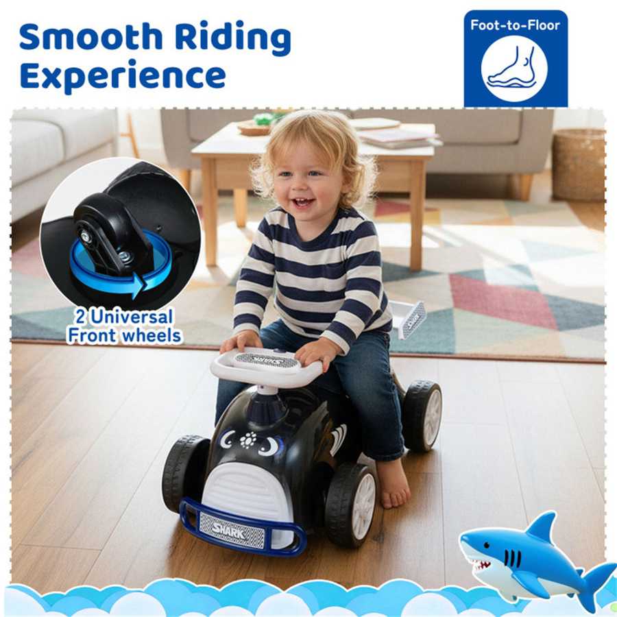 Kids Ride-On Car with Music - Toddler enjoying smooth ride on foot-to-floor car with universal front wheels for easy maneuvering indoors.