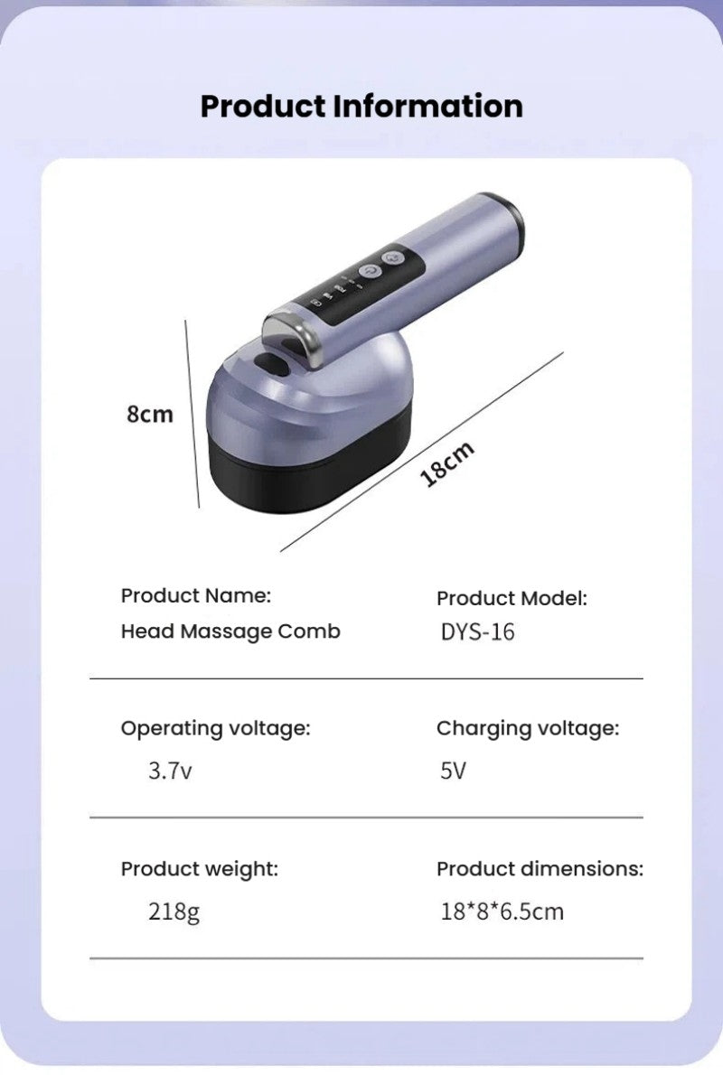 Product information card for a head massage comb, showing a rendered product photo with dimensions labeled 8cm and 18cm, plus text listing product name, model DYS-16, operating voltage 3.7V, charging voltage 5V, product weight 218g, and product dimensions 18*8*6.