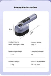 Product information card for a head massage comb, showing a rendered product photo with dimensions labeled 8cm and 18cm, plus text listing product name, model DYS-16, operating voltage 3.7V, charging voltage 5V, product weight 218g, and product dimensions 18*8*6.