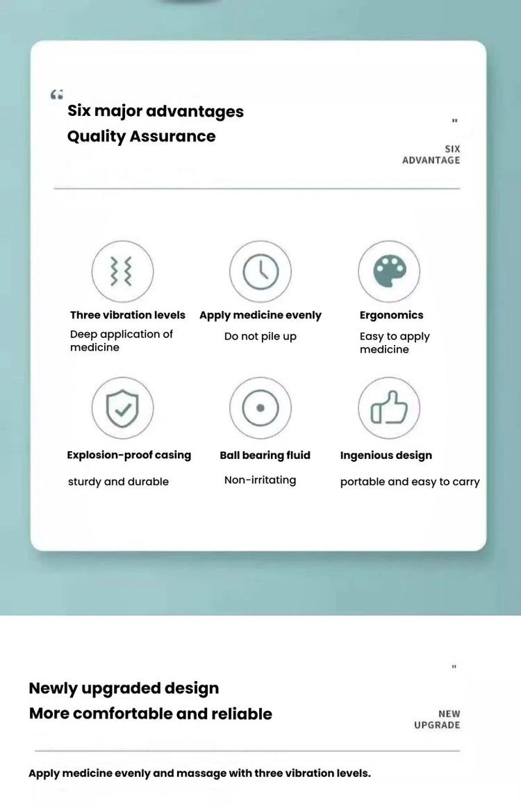 A promotional graphic for a massage or medical device, showing a white product card with six feature icons and text on a light teal background. The card reads &
