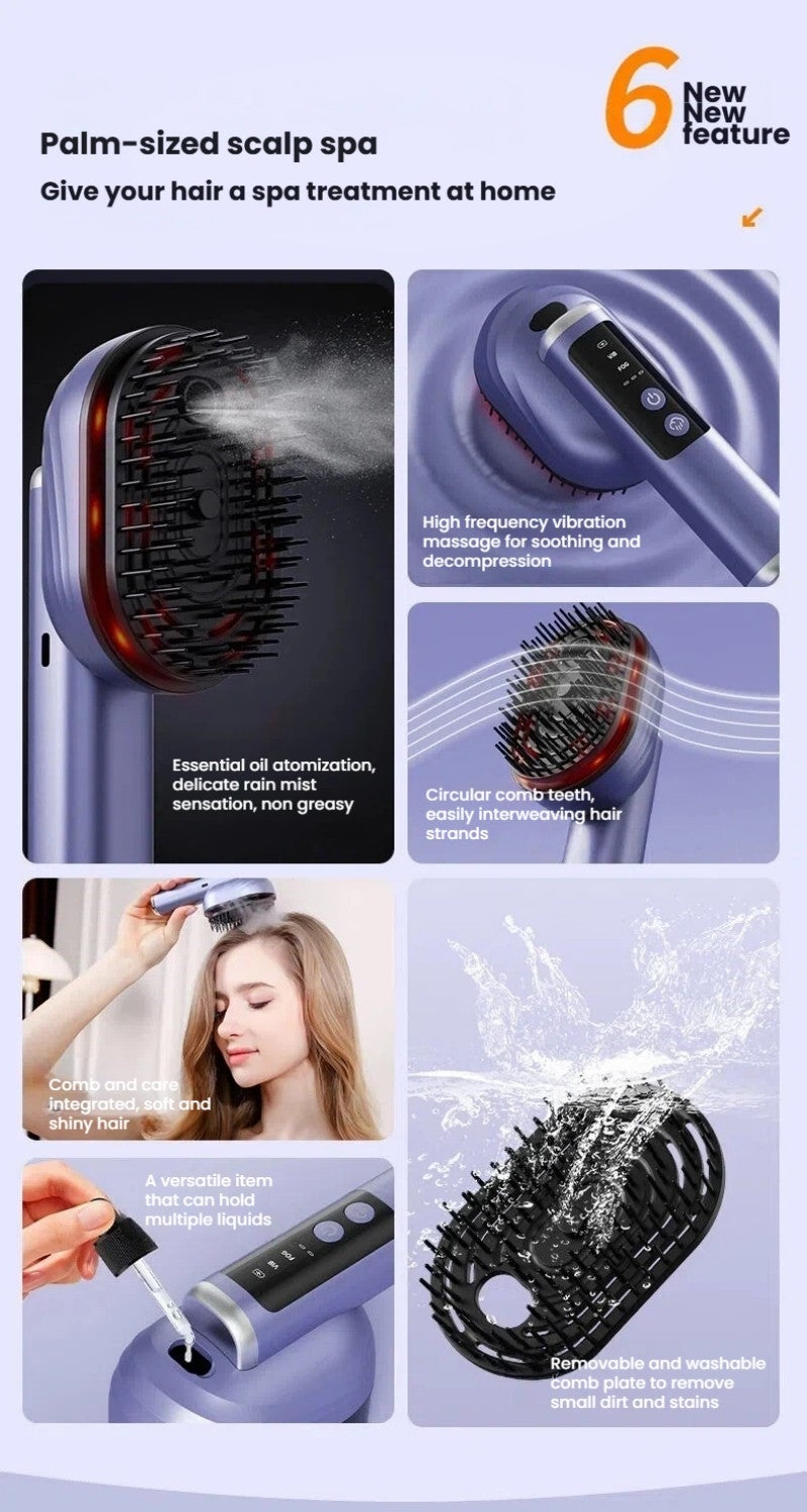 A promotional collage for a palm-sized scalp spa hair cleansing device. The layout shows multiple panels: the device in close-up with mist, a close-up of the brush head, a woman using the device on her hair, and a splash demonstration.