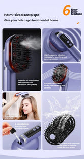 A promotional collage for a palm-sized scalp spa hair cleansing device. The layout shows multiple panels: the device in close-up with mist, a close-up of the brush head, a woman using the device on her hair, and a splash demonstration.