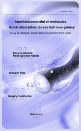 A promotional graphic for a hair care product, featuring a cylindrical bottle with a metallic silver and black label, surrounded by water droplets and stylized hair strands on a soft lavender-blue background. Text highlights benefits such as atomized essential oil molecules, quick absorption, easy absorption, smooth frizz, and deep moisture.