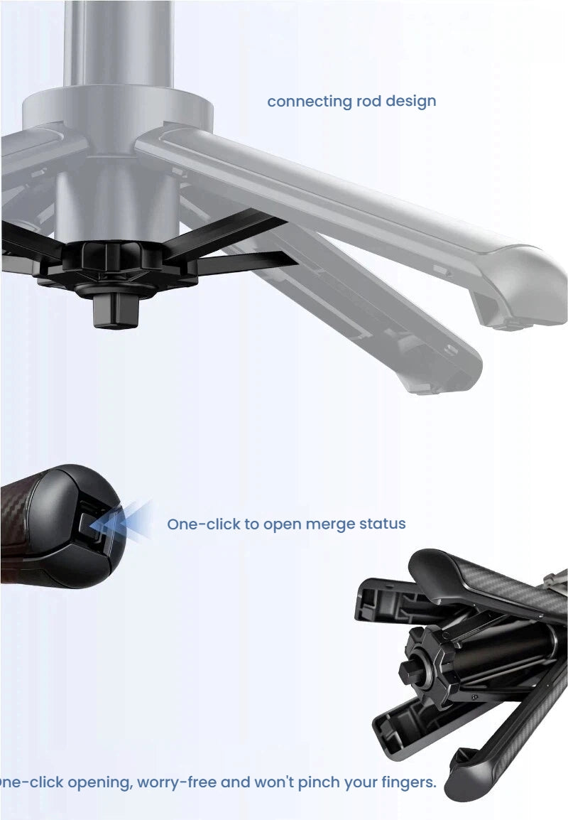 Product feature diagram showing a black office chair base with a connecting rod design, one-click opening mechanism, and close-up of the latch system on a light background.