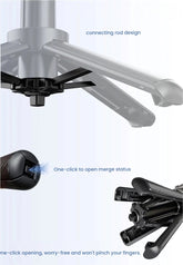 Product feature diagram showing a black office chair base with a connecting rod design, one-click opening mechanism, and close-up of the latch system on a light background.