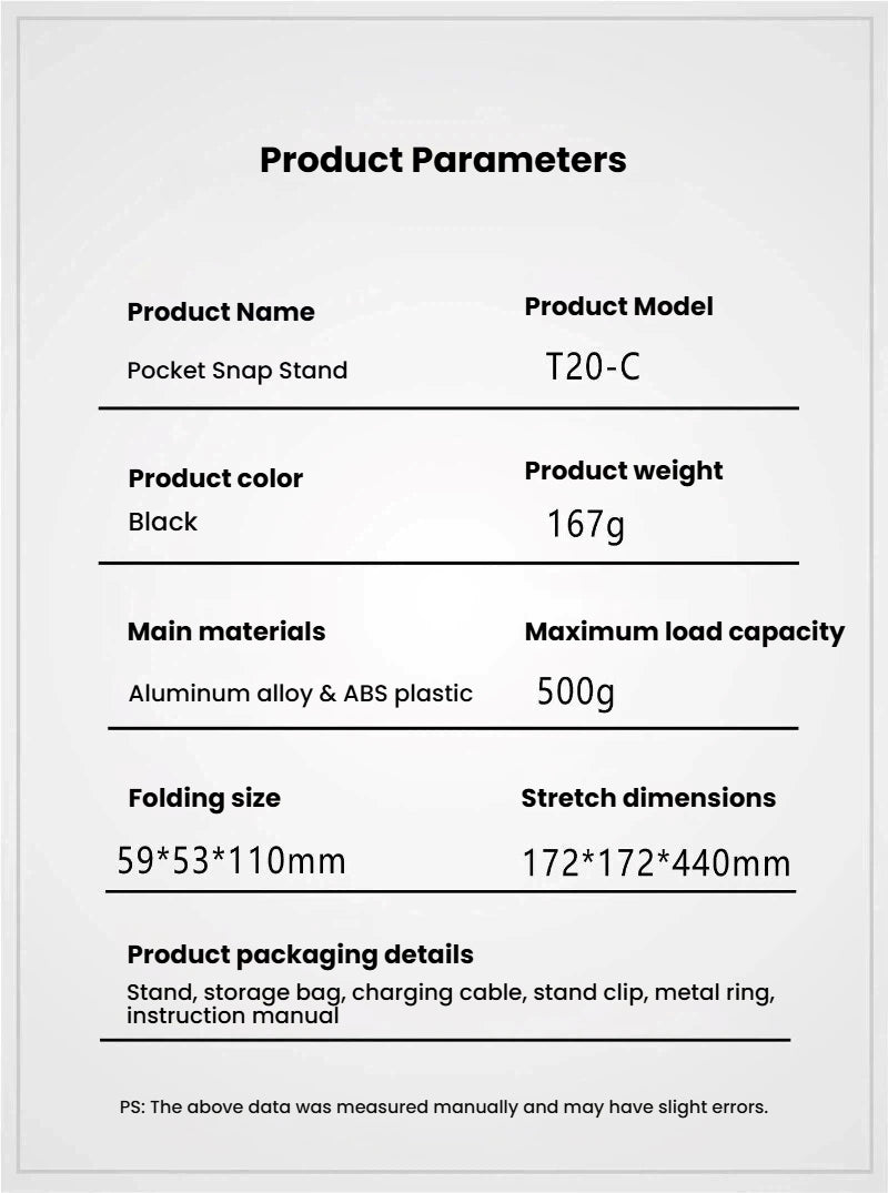 A product information card with a light gray background and black text listing product parameters for a Pocket Snap Stand, including product name/model T20-C, color black, weight 167g, materials aluminum alloy and ABS plastic, maximum load capacity 500g, folding size 59*53*110mm, stretch dimensions 172*172*440mm, and packaging details.