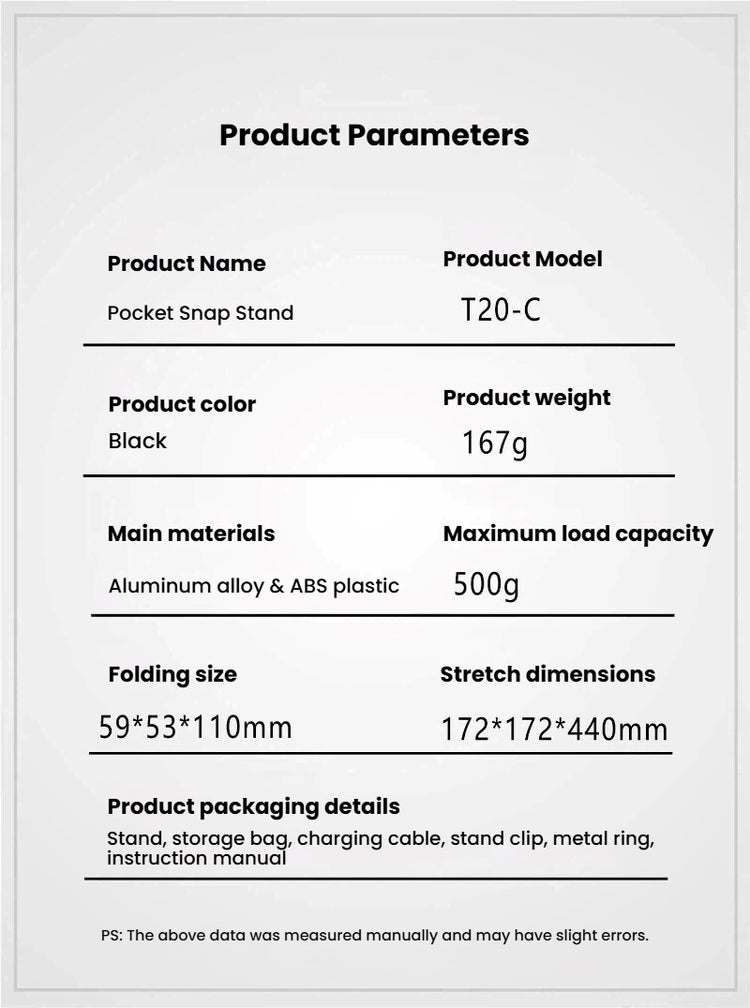 A product information card with a light gray background and black text listing product parameters for a Pocket Snap Stand, including product name/model T20-C, color black, weight 167g, materials aluminum alloy and ABS plastic, maximum load capacity 500g, folding size 59*53*110mm, stretch dimensions 172*172*440mm, and packaging details.