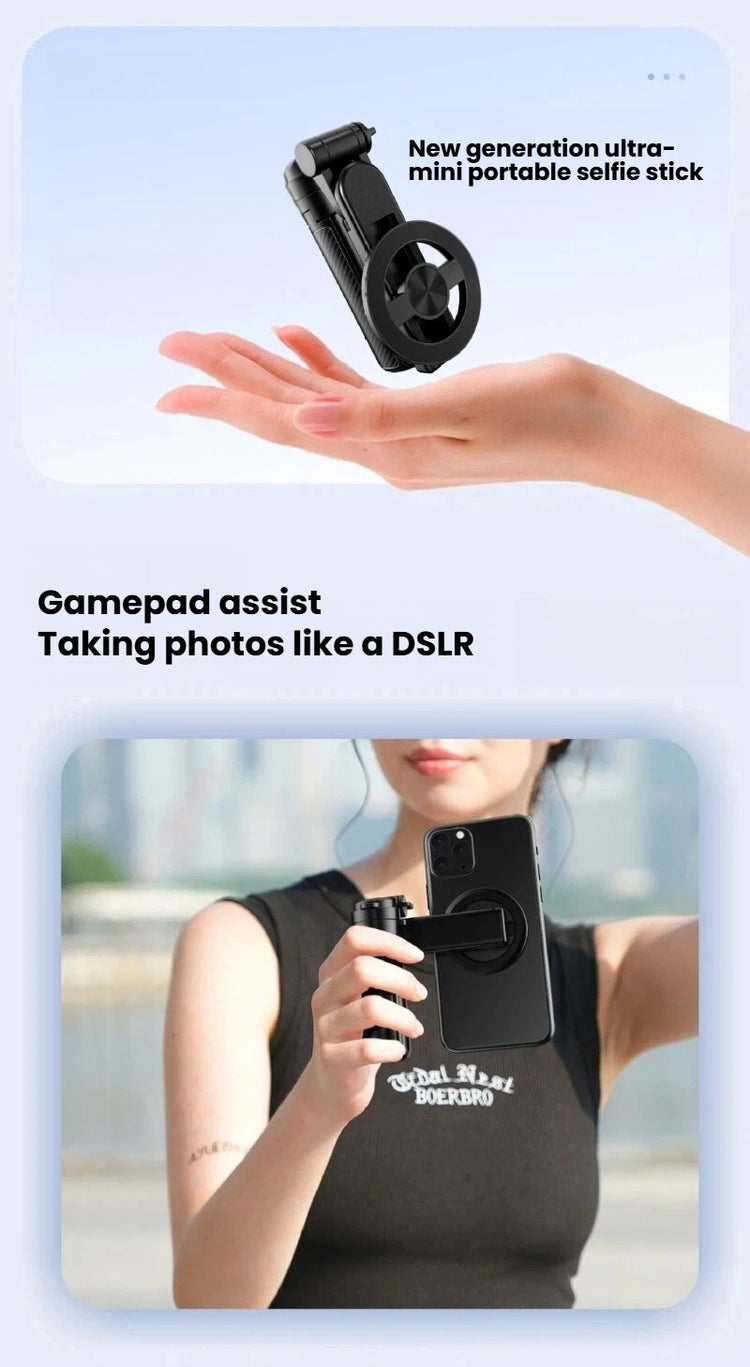 A promotional composite showing a black portable selfie stick being held in a hand against a pale blue background, with text reading &