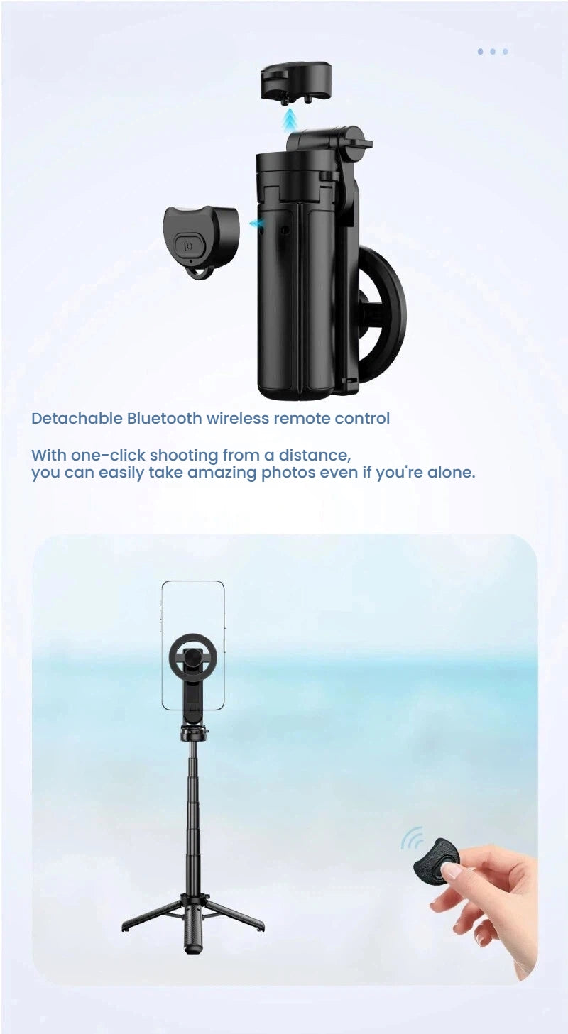 A black detachable Bluetooth wireless remote control for a selfie stick or phone tripod, shown with a phone mount and a tripod stand. The top section shows the remote and mount separated on a pale blue background with descriptive text, and the bottom section shows the assembled tripod with a hand holding the remote in front of a soft blue beach-like backdrop.