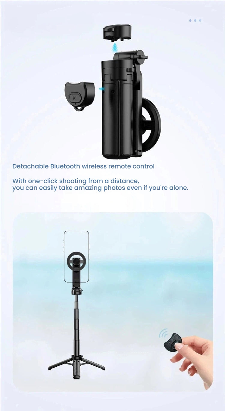 A black detachable Bluetooth wireless remote control for a selfie stick or phone tripod, shown with a phone mount and a tripod stand. The top section shows the remote and mount separated on a pale blue background with descriptive text, and the bottom section shows the assembled tripod with a hand holding the remote in front of a soft blue beach-like backdrop.