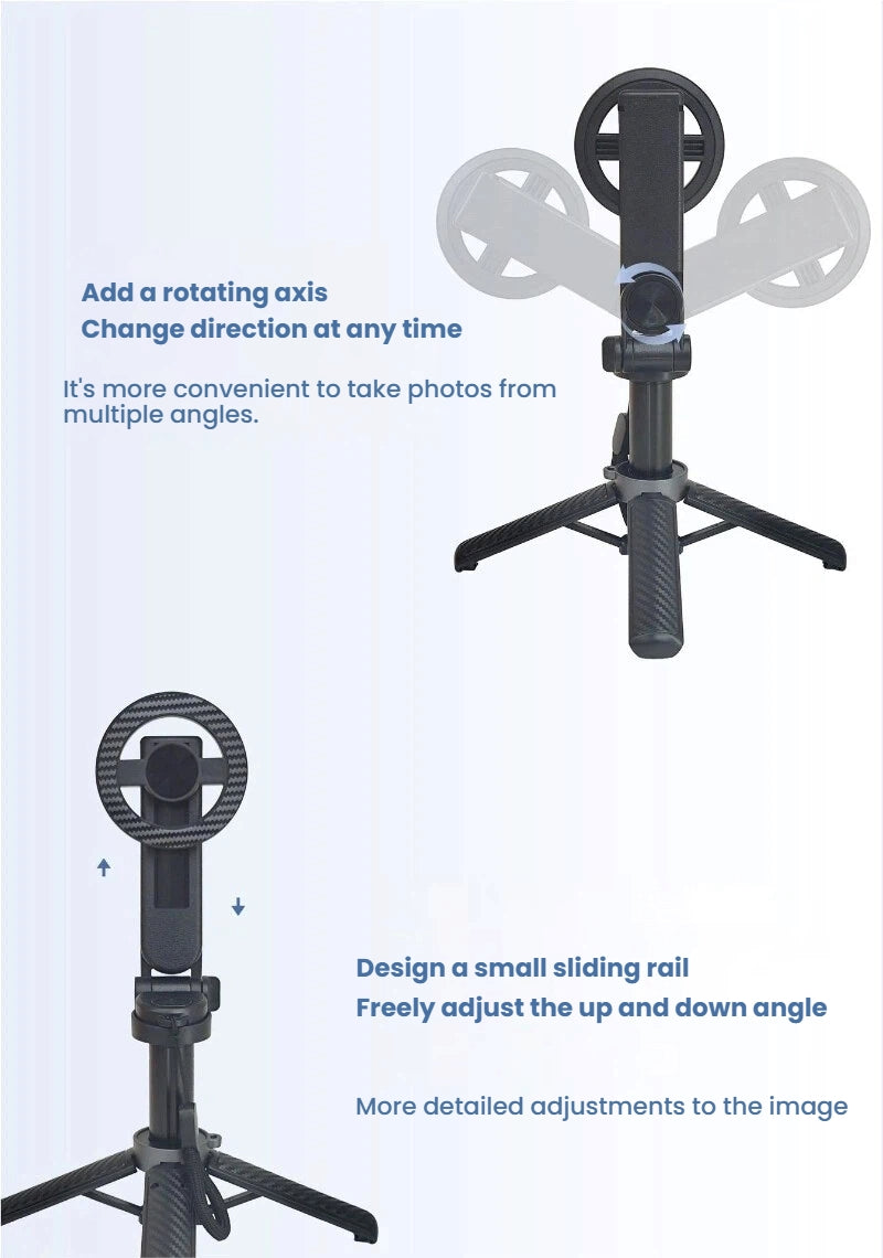 A black tripod-style mounting accessory with circular wheel-like adjustment elements, shown on a light blue background with descriptive text and two product views.