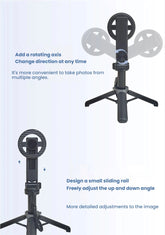 A black tripod-style mounting accessory with circular wheel-like adjustment elements, shown on a light blue background with descriptive text and two product views.