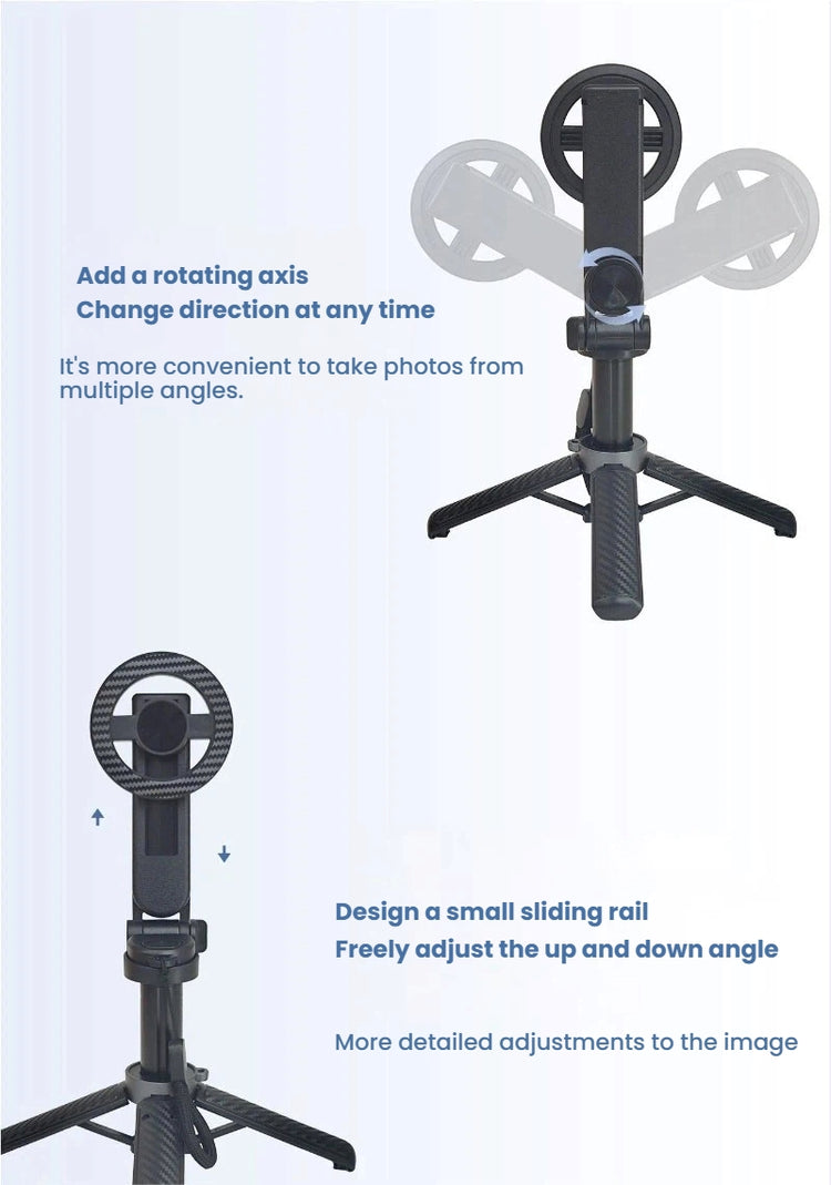 A black tripod-style mounting accessory with circular wheel-like adjustment elements, shown on a light blue background with descriptive text and two product views.