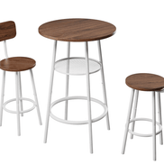 Isolated view of 3-piece bar table set with round wood table and two matching bar stools with white metal legs, ideal for modern interiors.
