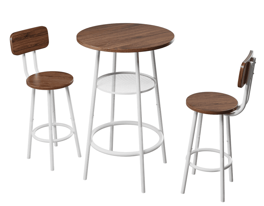 Isolated view of 3-piece bar table set with round wood table and two matching bar stools with white metal legs, ideal for modern interiors.