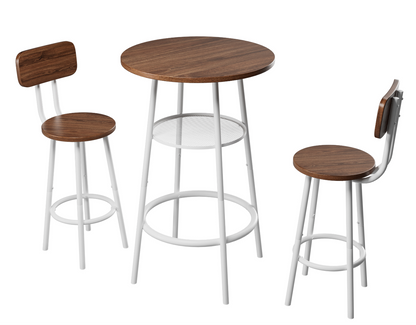 Isolated view of 3-piece bar table set with round wood table and two matching bar stools with white metal legs, ideal for modern interiors.