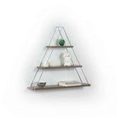 Triangular wall shelf with decorative items on a white background
