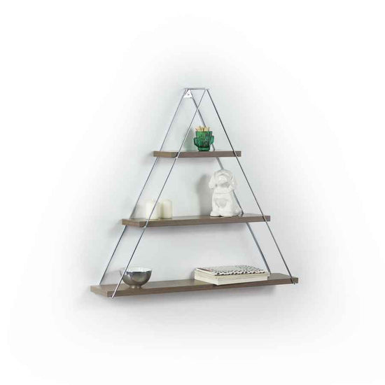 Triangular wall shelf with decorative items on a white background
