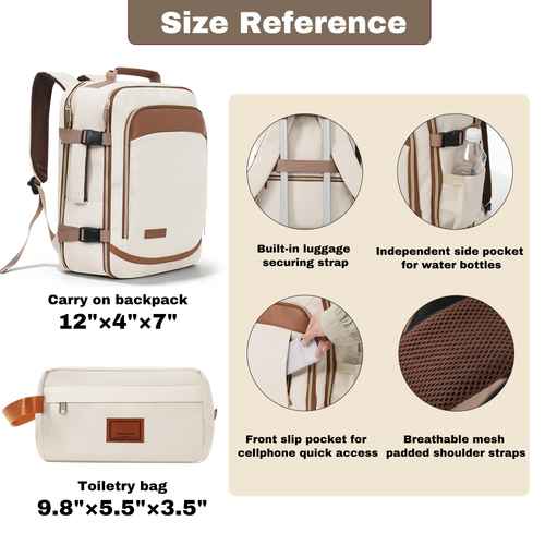 Size reference infographic for a beige and brown backpack set with a matching toiletry bag, showing dimensions and feature callouts including luggage strap, water bottle pocket, slip pocket, and breathable shoulder strap mesh.