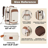 Size reference infographic for a beige and brown backpack set with a matching toiletry bag, showing dimensions and feature callouts including luggage strap, water bottle pocket, slip pocket, and breathable shoulder strap mesh.