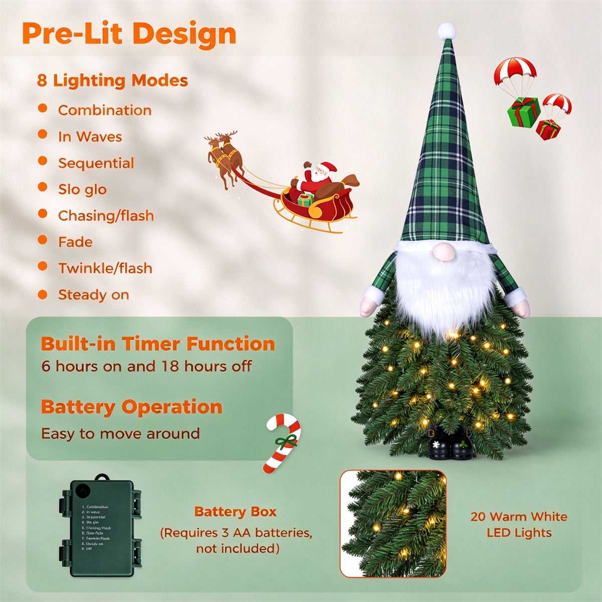 Pre-lit tabletop tree features: 8 lighting modes, 6-hour timer, battery box, 20 warm white LEDs