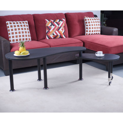 360 Rotatable Coffee Table in black with fruit and tea set, demonstrating its adjustable tabletop and modern aesthetic.