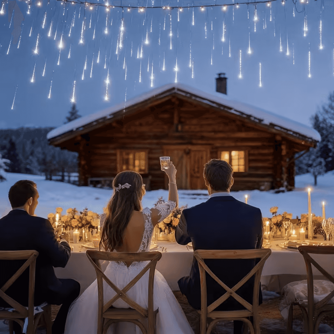Couple at an outdoor winter dinner under falling meteor shower lights by a log cabin