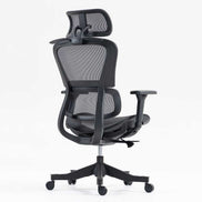 Angled rear view of high back mesh office chair with adjustable features and swivel base. Ideal for modern office furniture setups.