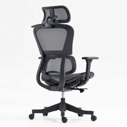 Angled rear view of high back mesh office chair with adjustable features and swivel base. Ideal for modern office furniture setups.