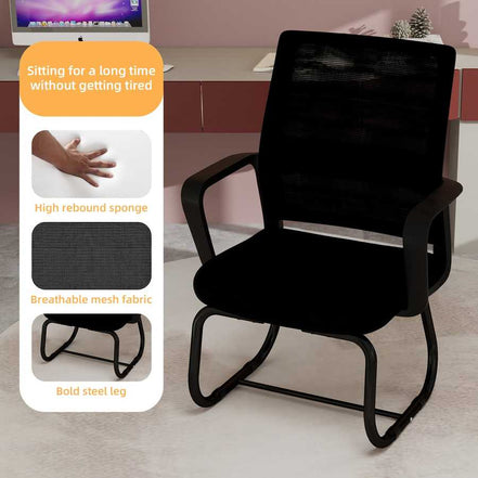 Black office chair with ergonomic features highlighted on a blurred office background