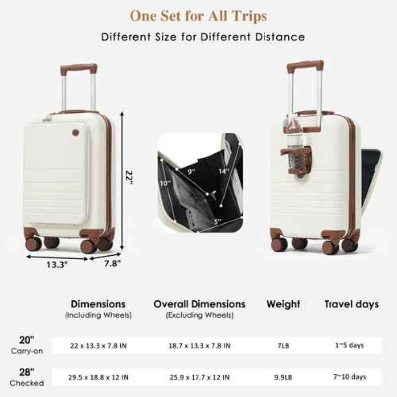 A travel luggage infographic showing two cream-colored hard-shell suitcases with brown handles and wheels, one upright with dimensions labeled 20 inches and one checked with dimensions labeled 28 inches, plus a small inset showing the interior space and a side view with a cup holder. Text at the top reads &