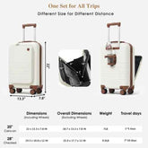 A travel luggage infographic showing two cream-colored hard-shell suitcases with brown handles and wheels, one upright with dimensions labeled 20 inches and one checked with dimensions labeled 28 inches, plus a small inset showing the interior space and a side view with a cup holder. Text at the top reads &