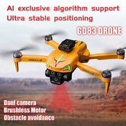 Orange drone with text highlighting features like AI algorithm support and ultra-stable positioning.
