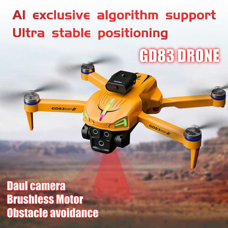 Orange drone with text highlighting features like AI algorithm support and ultra-stable positioning.