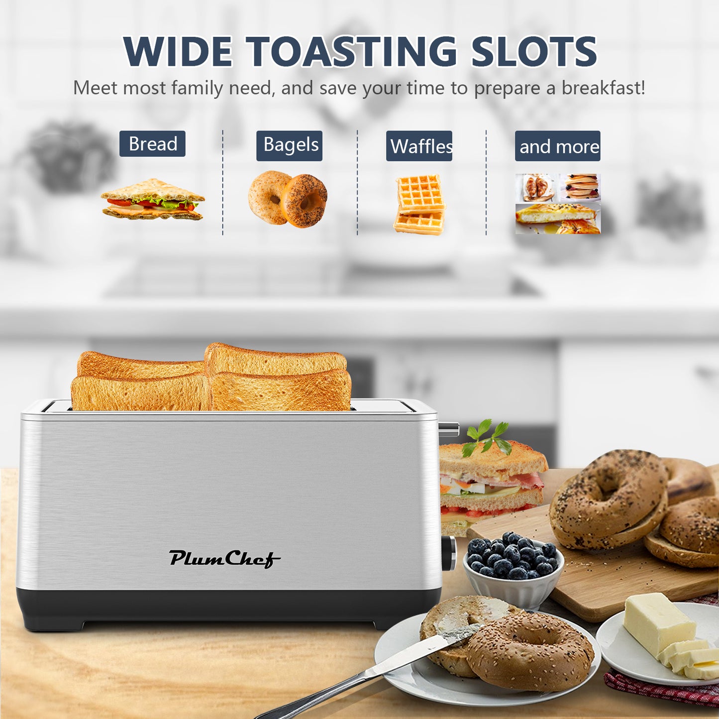 4-Slice Toaster Stainless Steel with wide slots for bread, bagels, waffles, and more, perfect for family breakfast needs.